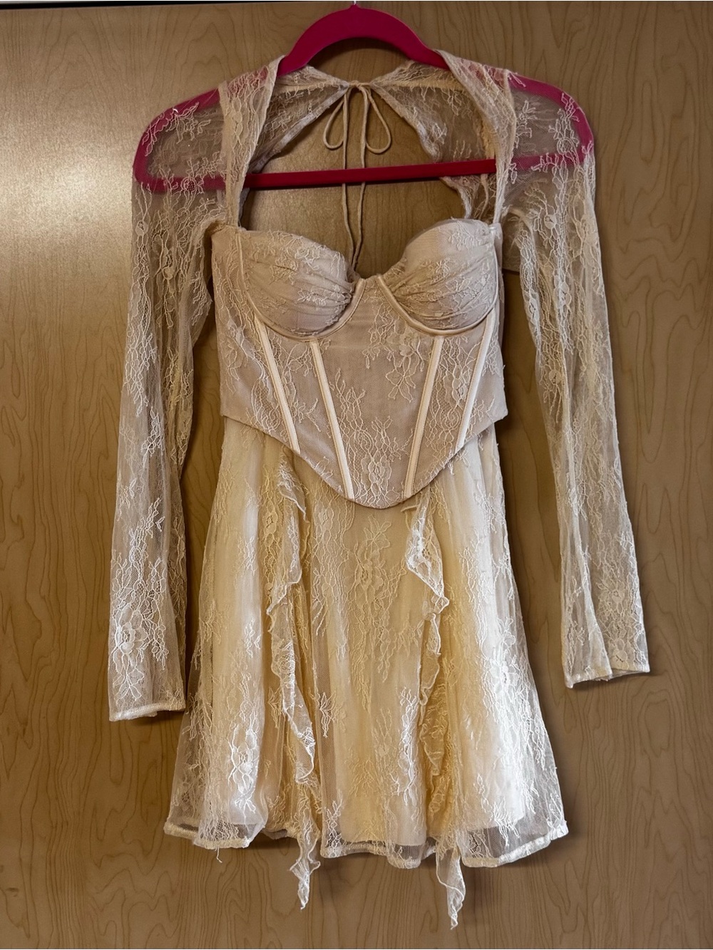 Lace Corset Bodice Ivory Mini Dress with Sheer Long Sleeves